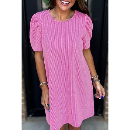 Bright Pink Corded Knit Crew Neck Puff Sleeve Shift Mini Dress