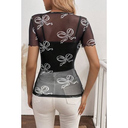 Black Bow Printed Mesh Short Sleeve Top