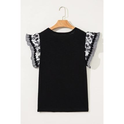 Black Ricrac Trim Printed Flutter Sleeve Contrast Patchwork Blouse