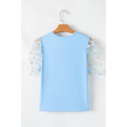 Beau Blue Floral Mesh Puff Sleeve Crew Neck Top