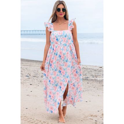Pink Floral Print Square Neck Backless Long Dress with Slit