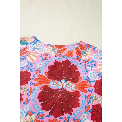 Rose Floral Tied Front High Waist Short Sleeve Loose Long Dress