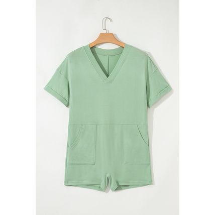 Grass Green Loose Half Sleeve V Neck Knit Romper