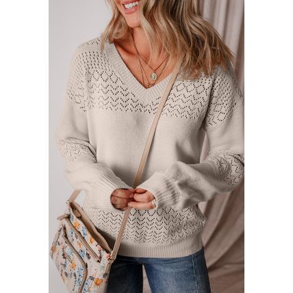 Brown Eyelet Pattern Detail V Neck Drop Shoulder Sweater