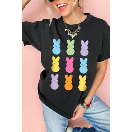 Black Easter Rabbit Print Crew Neck T Shirt