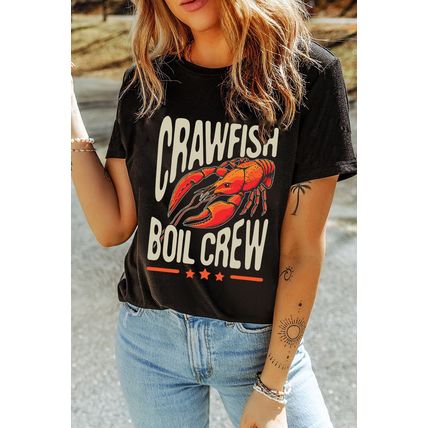 Black CRAWFISH BOIL CREW Graphic Casual T Shirt
