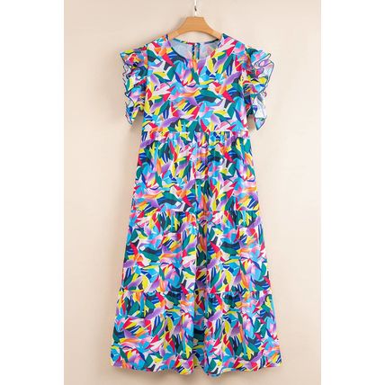 Blue Geometric Print Ruffled Short Sleeve Plus Size Tiered Maxi Dress