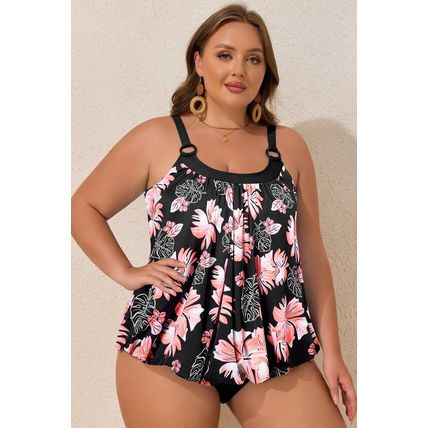 Black 2pcs Plus Size Wide Strap Floral Top Tankini Set