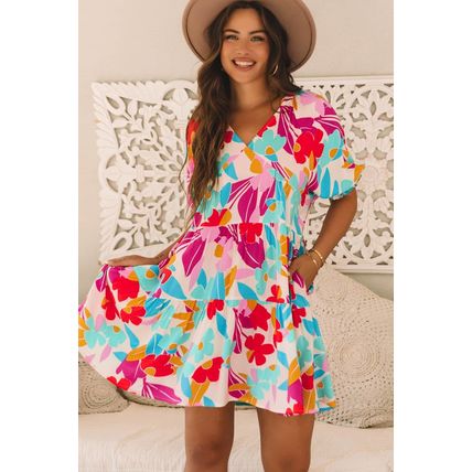 Rose Red Floral Bubble Sleeve V Neck Tiered Ruffle Babydoll Dress