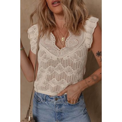 Beige Embroidered Patchwork Hollow Out Knitted Ruffle Sweater Vest