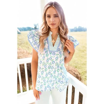 Green Floral Print Striped Detail Contrast V Neck Patchwork Flutter Sleeve Blous