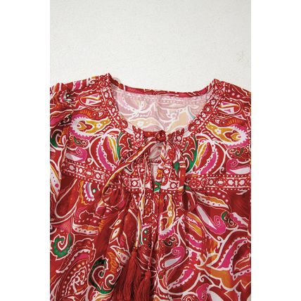 Multicolour Ethnic Paisley Print Tassel Tie Puff Sleeve Boho Blouse