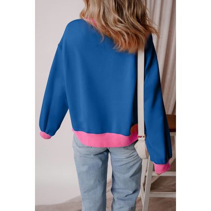 Blue Rugby Bowknot Graphic Game Day Contrast Trim Drop Shoulder Casual Sweatshir