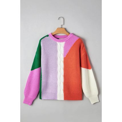 Desert Gold Color Block Textured Knit Drop Shoulder Loose Fit Sweater