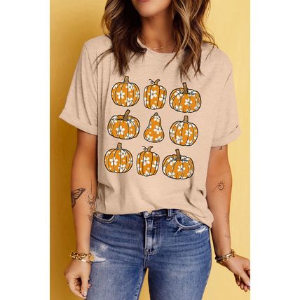 Khaki Floral Pumpkin Print Casual T Shirt