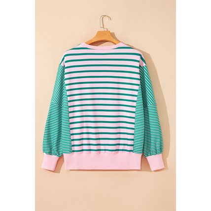 Green Stripe Mix Pattern Color Block Patchwork Side Slit Baggy Sweatshirt