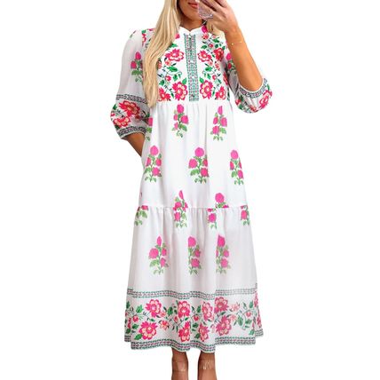 White Floral Print Half Button Mandarin Neck 3/4 Sleeve Maxi Dress