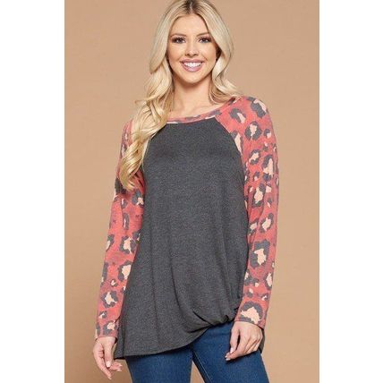 Women's Casual French Terry Side Twist Top With Animal Print Long Sleeves
