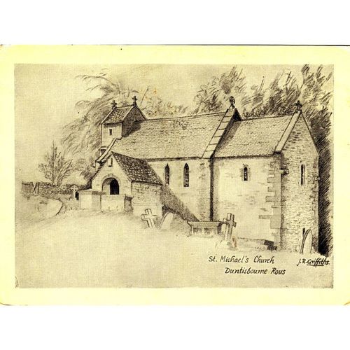 B&W Postcard - Drawing of St Michael's Church, Duntisbourne Rouse, Glos