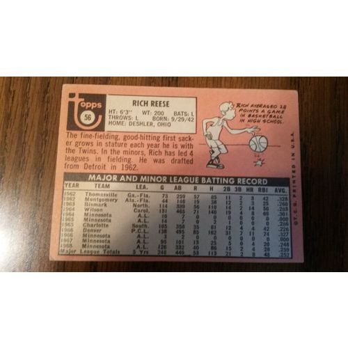 1969 Topps Card # 056 Rich Reese Very Good (3) Minnesota Twins