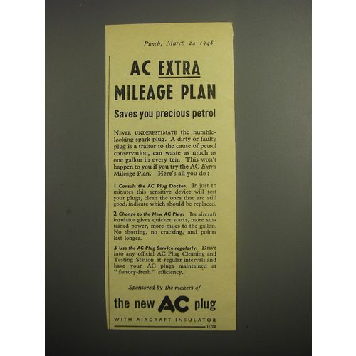 1948 AC Spark Plugs Ad - AC extra mileage plan saves you precious petrol