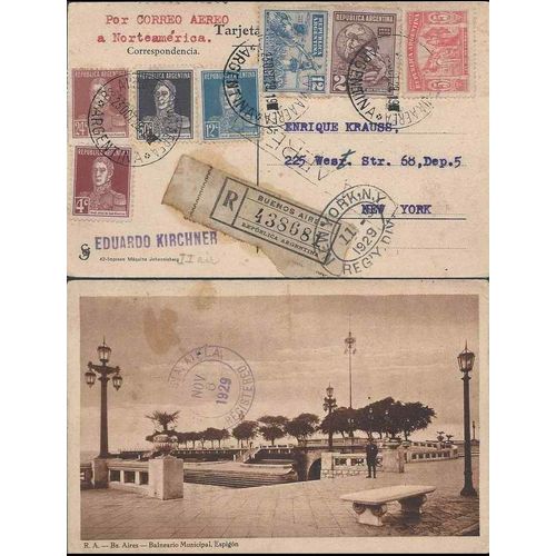 Argentina Post Card AIR MAIL REGISTERED Rate to USA, Great Cancels 1929
