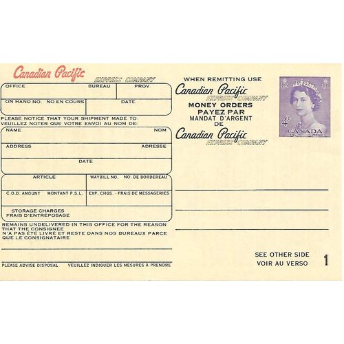 Canada #P85a Postal.Card. MINT Karsh, CPR Railway Advice Card, fancy logo