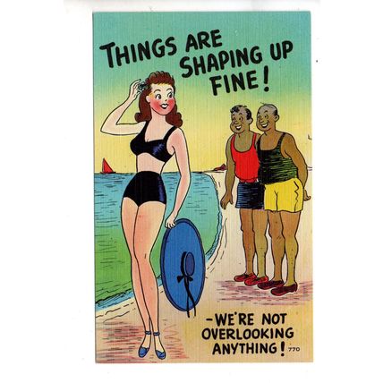 VINTAGE LINEN AMERICAN HUMOUR POSTCARD TWO MEN PRETTY GIRL THEME (3866)