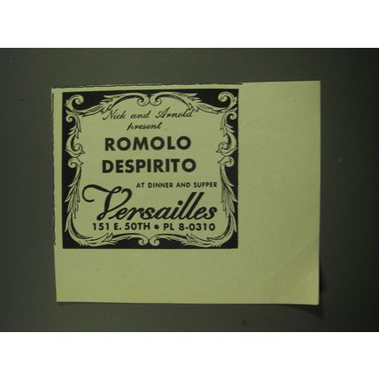 1949 Versailles Club Ad - Nick and Arnold present Romolo Despirito at Dinner