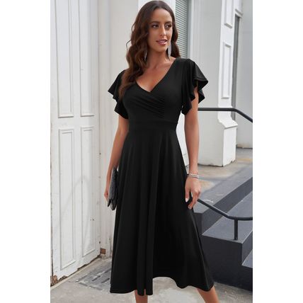 Black Ruffled Sleeve Wrap V Neck Midi Dress
