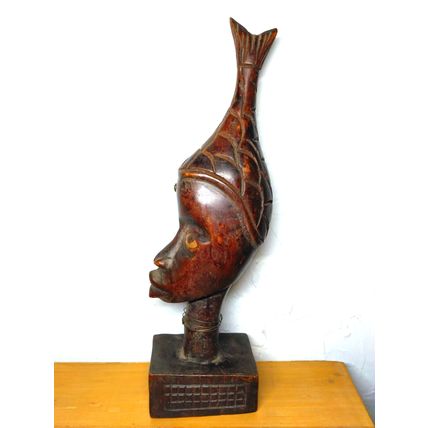 African Sculpture Tribal Woman Head w/Fish Wood Carving - Abstract Art - VTG
