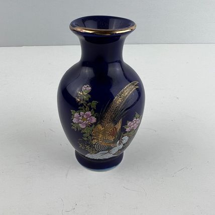 Vintage Japanese Cobalt Blue Gold Porcelain Miniature Floral Bud Vase Rickshaw