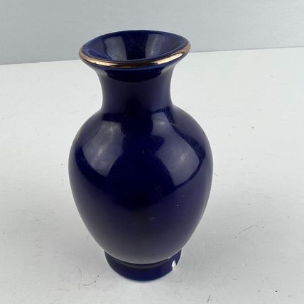 Vintage Japanese Cobalt Blue Gold Porcelain Miniature Floral Bud Vase Rickshaw
