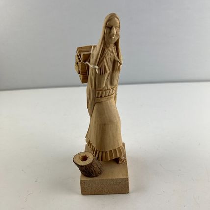 Folk Art Wood Carving of Woman Carrying Fire Wood Vintage 7" Tall