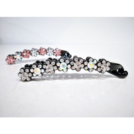Slim black sparkly flower banana hair claw clip with crystals rhinestones
