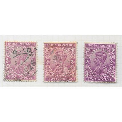 INDIA 1911 K5 TWO ANNAS MAUVE PURPLE SHADES 3 STAMP LOT SG166 - 169 SG USED
