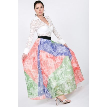 Women's Color Block Pleated Maxi Skirt