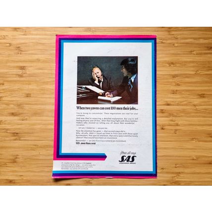 Advertisement SAS Scandinavian Airlines, First Class 1970s, Vintage Original