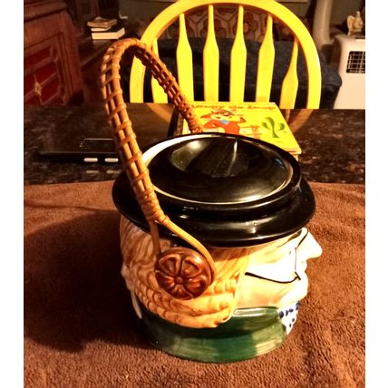 Old Vintage Cookie Jar Colonial Head Jar W/Basket Handle 7" Tall 1950s