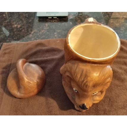 Old Vintage Original Cookie Jar Brown Crouching Lion 10 1/2" Tall 1950's