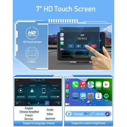 Wireless Carplay Screen for Car, 7" HD Portable Stereo Touchscreen with Apple Ca