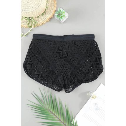 Black Hollow Out Lace Overlay Swim Short Bottom