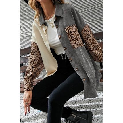 Gray Color Block Leopard Patched Corduroy Shacket