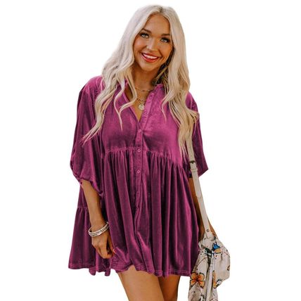 Pitaya Pink 3/4 Sleeve Tunic Babydoll Velvet Shirt