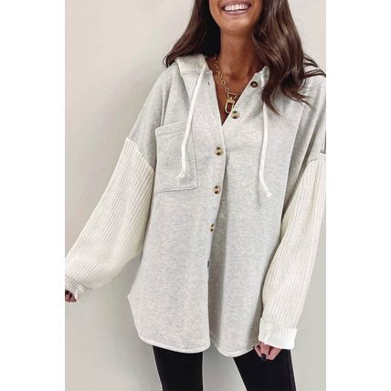 Gray Button Up Contrast Knitted Sleeves Hooded Jacket