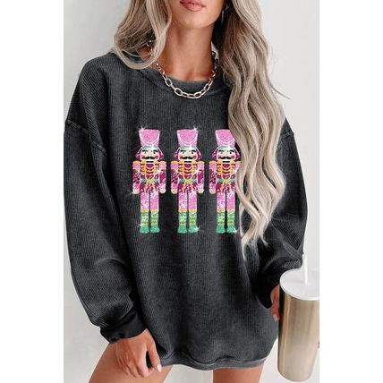 Black Christmas Sequined Nutcrackers Mineral Wash Corded Sweatshirt