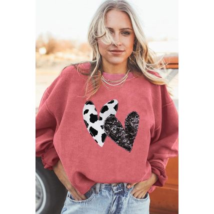 Strawberry Pink Leopard Sequin Heart Graphic Corded Sweatshirt