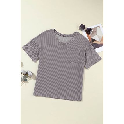 Light Grey Corded V Neck Chest Pocket Loose T-shirt