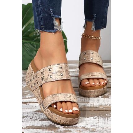 Camel Rivet Double Straps Wedge Slippers