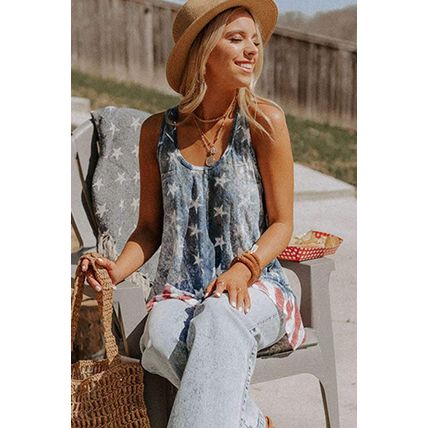 Blue Vintage Washed Flag Print Shift Tank Top